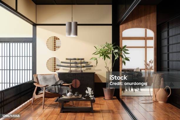Japanese Style Living Room Interior With Armchair Coffee Table Potted Plant Dining Table And Sofa Stock Photo - Download Image Now
