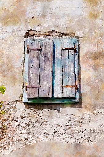 Watercolor painting effect on a photo of old medieval village Smartno, Goriska Brda region, Slovenia. Front view of the an old blue window closed with shutters on a ruined, damaged and cracked wall, on an old abandoned house. Watercolor effect on a photography.