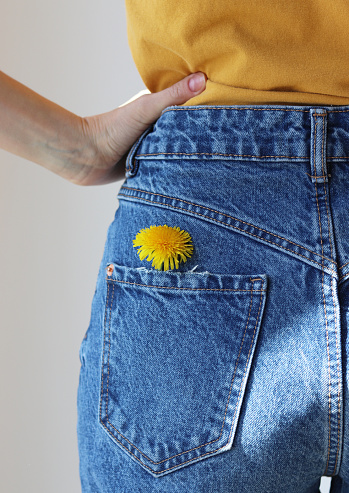 Dandelion in the pocket of blue jeans on a woman in a yellow T-shirt. in Ukrainka, Kyiv Oblast, Ukraine