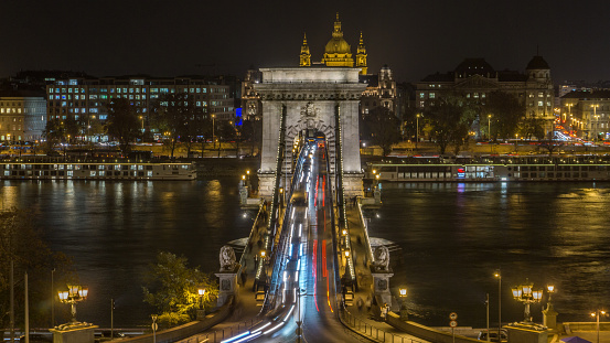 Breathtaking nighttime scenery of the famous city landmark of Chain Bridge with beautiful lights and decorations showing the architecture and history of the city.