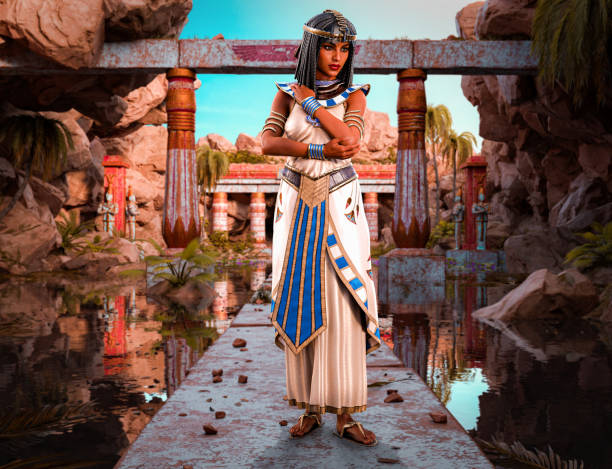Beautiful Egyptian Princess, Queen, Pharaoh, Cleopatra, standing in a richly decorated temple Beautiful Egyptian Princess, Queen, Pharaoh, Cleopatra, standing in a richly decorated temple, 3d render. ancient egypt stock pictures, royalty-free photos & images