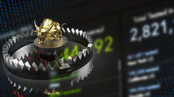 gold bull and trap for business concept 3d rendering