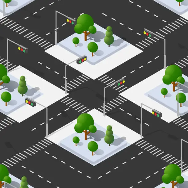 Vector illustration of Isometric Street crossroads 3D illustration of the city quarter with streets