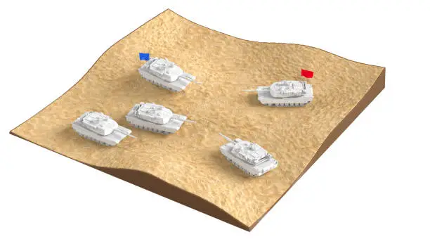 Two tank teams on a battleground. Military concept. 3D illustration
