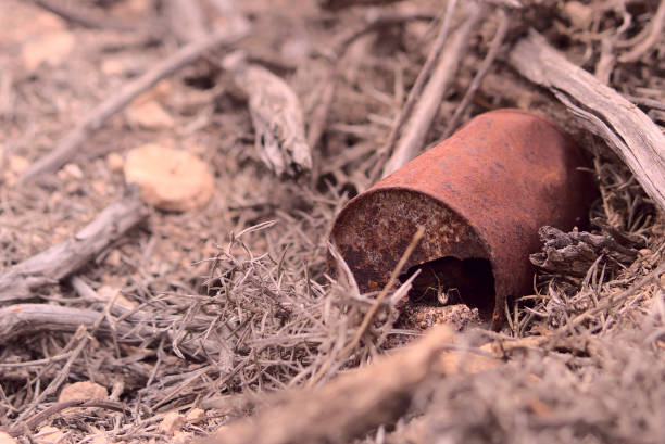 istock Old rusty can on the ground. Spider living inside. Environmental problem. Concept ecology 1396751083