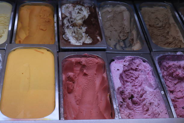 istock Assorted ice cream flavors in metal tubs 1396754228