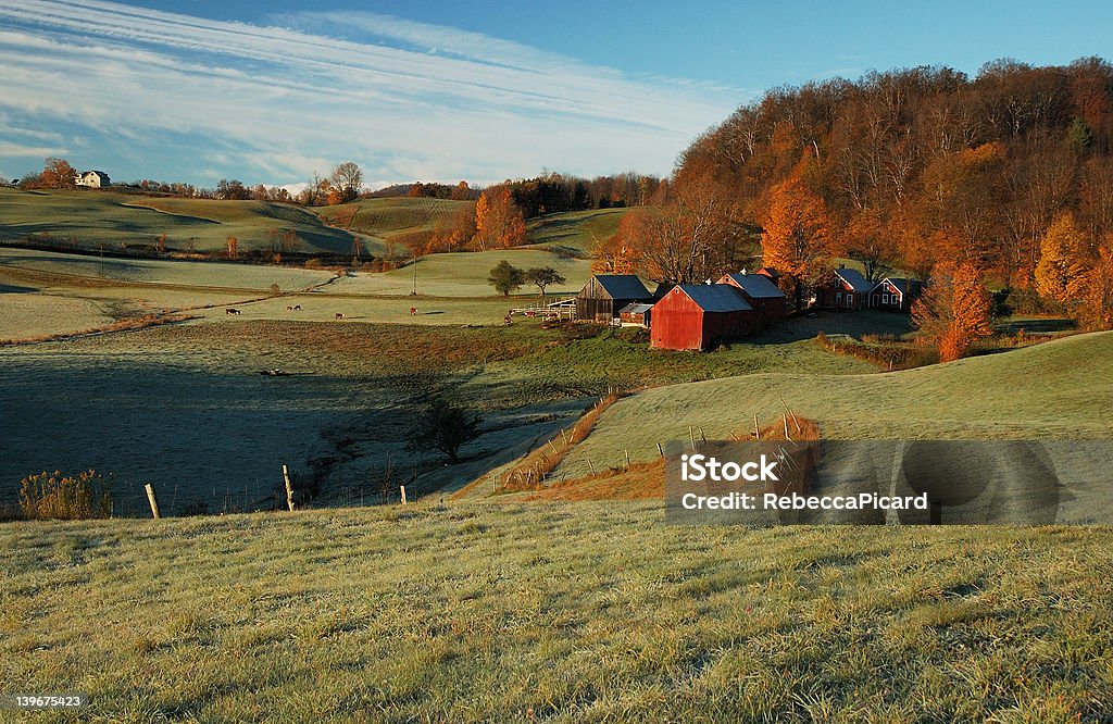 Autumn Farm Frosty morning farmhouse in Vermont Agricultural Field Stock Photo