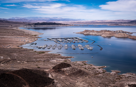 Looking north over Lake Mead with the Lake Mead Marina in the center of the image.