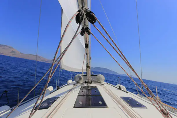 View from a sailboat, tilted by the wind in Greece