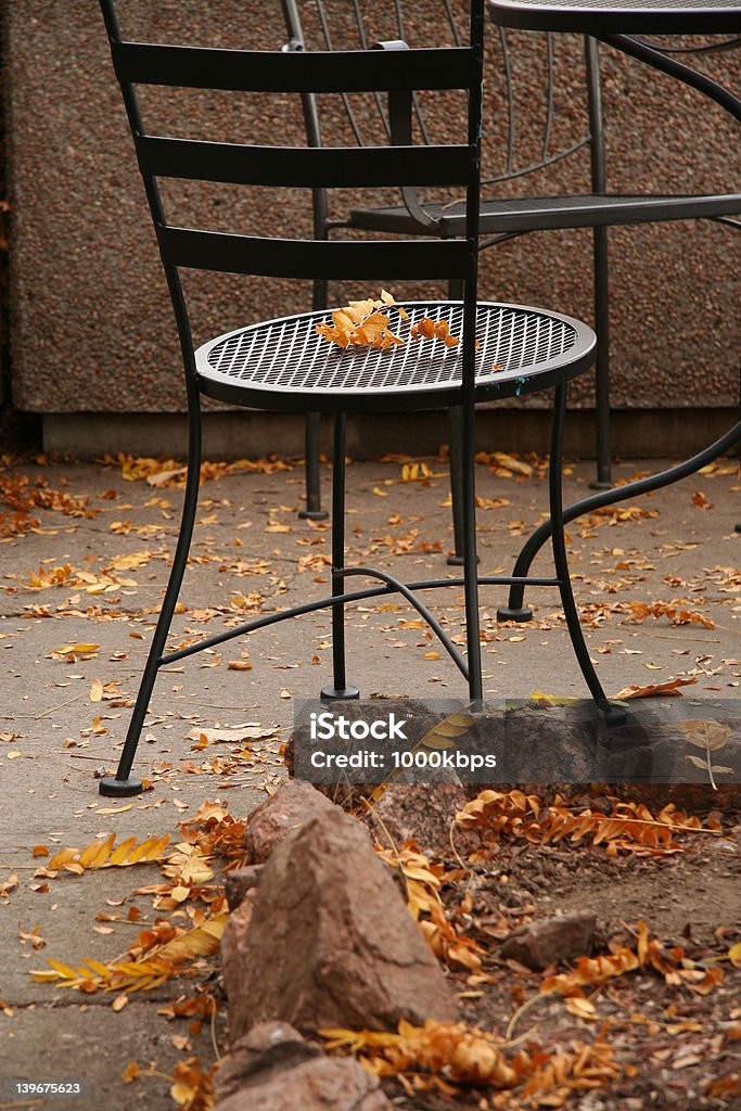 Metal Chair with Autumn Leaves Black metal chair with yellow and orange honey locust leaves. Autumn Stock Photo