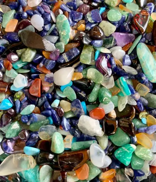 Multi-colored healing crystals close up