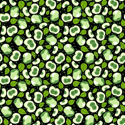 Delicious green apples and leaves on black seamless pattern vector. Monochrome garden fruits and slices surface design. Complex natural pattern perfect for clothes, kitchenware and textile