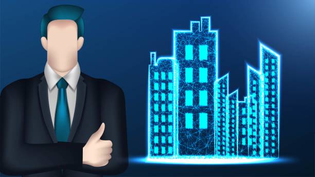 istock businessman, cityscape town building . Business concept. Vector Illustration on dark blue background 1396761527