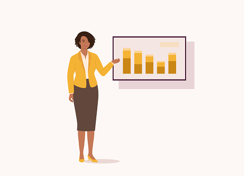 One Smiling Black Businesswoman In Yellow Blazer Presenting About Statistics With Graphs Shown On Presentation TV. Isolated On Color Background. Isolated On Color Background.