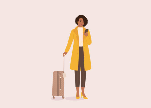 ilustrações de stock, clip art, desenhos animados e ícones de black businesswoman with luggage looking at her mobile phone. - fato de senhora