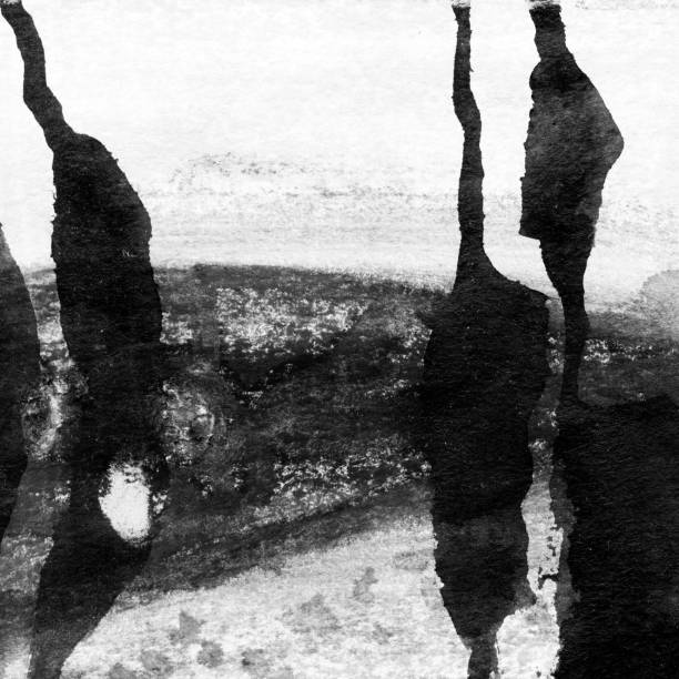 istock Abstract landscape ink hand drawn illustration. Black and white ink winter landscape with river. 1396762443