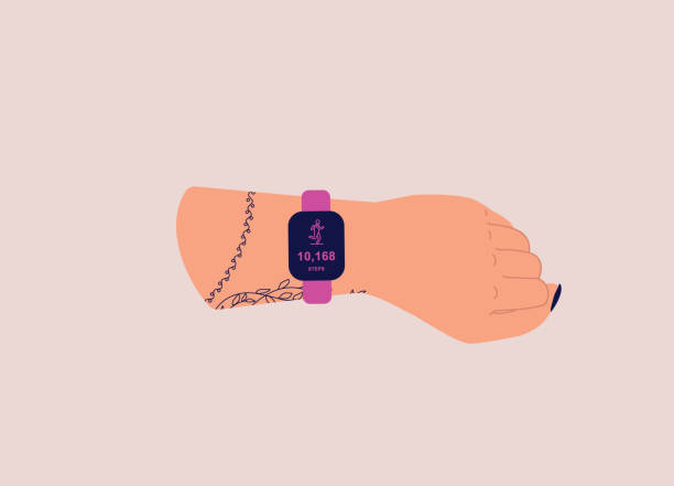 Female’s Hand With Tattoo Wearing Fitness Tracker Watch On Wrist. Young Female’s Hand With Tattoo Wearing Fitness Tracker With Running Icon And Steps Number Showing On Watch Screen. Isolated On Color Background. wrist exercise stock illustrations