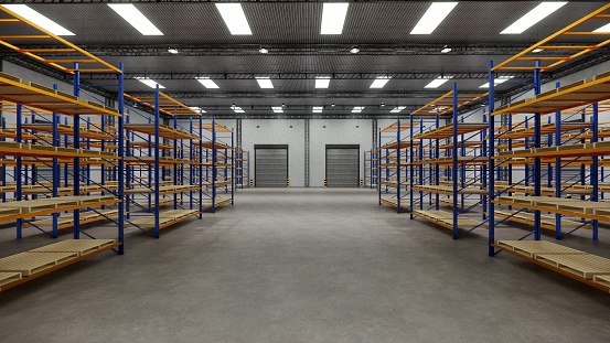 Warehouse empty inside logistic center. Loft modern storage room .3D rendering