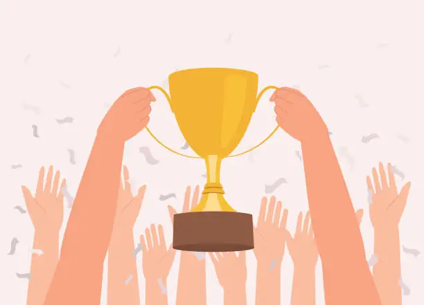 Vector illustration of Person’s Hand At The Front Holding Up A Trophy With Crowd Raising Hands At The Back.