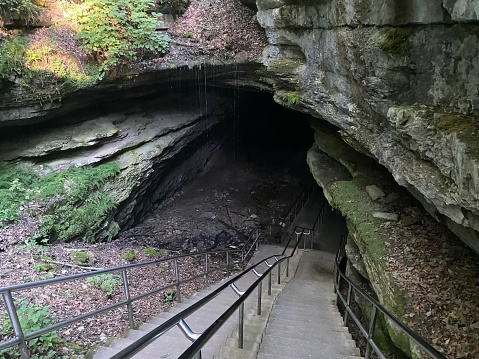 Stairway down to the entrance of Mammoth Cave in the early morning sun. With the cool of the cave rushing out, Mother Nature sharing her natural AC