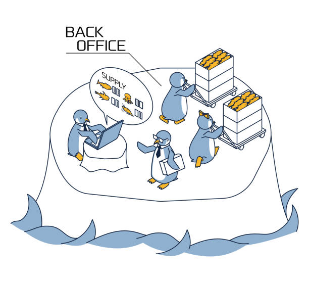 geschäftspinguine repräsentieren logistische unterstützung - back office stock-grafiken, -clipart, -cartoons und -symbole