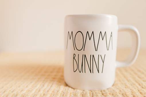 White 'Momma Bunny' Mug For Spring, Easter & Mother's Day Morning Coffee in the Spring.