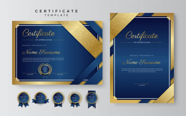 illustrations, cliparts, dessins animés et icônes de modèle de certificat d’appréciation, couleur or et bleu. certificat moderne propre avec badge d’or. modèle de bordure de certificat avec modèle de ligne de luxe et moderne. modèle de vecteur de diplôme - invitation blue old fashioned contemporary