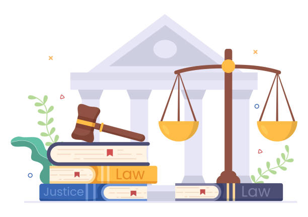 ilustrações de stock, clip art, desenhos animados e ícones de lawyer, attorney and justice with laws, scales, buildings, book or wooden judge hammer to consultant in flat cartoon illustration - law book weight scale legal system