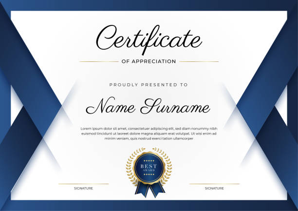 ilustrações de stock, clip art, desenhos animados e ícones de certificate of appreciation template, gold and blue color. clean modern certificate with gold badge. certificate border template with luxury and modern line pattern. diploma vector template - certidão