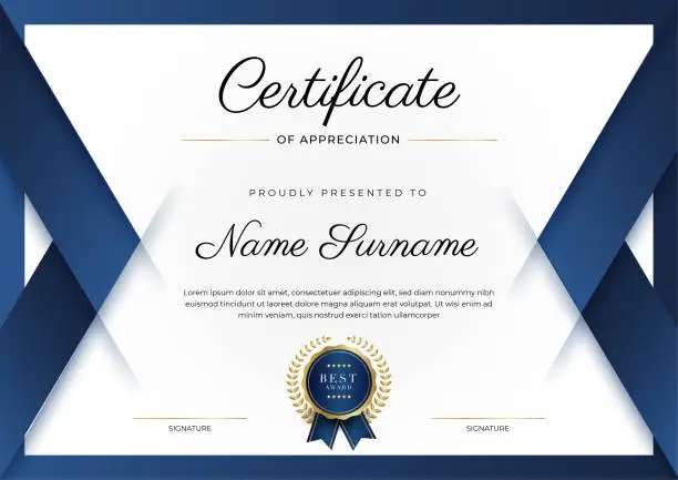 Vector illustration of Certificate of appreciation template, gold and blue color. Clean modern certificate with gold badge. Certificate border template with luxury and modern line pattern. Diploma vector template