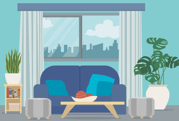 ilustrações de stock, clip art, desenhos animados e ícones de blue living room - interior