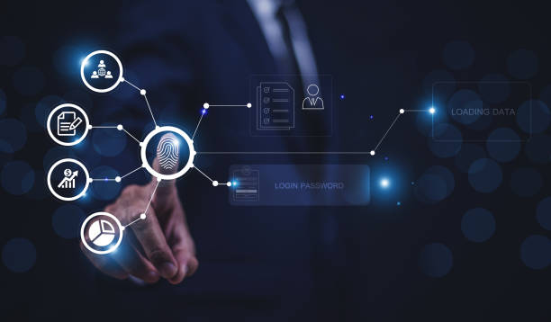 istock Businessman finger scan for unlock password for security information concept, 1396775407