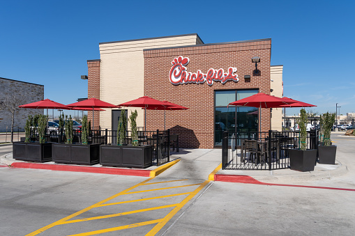 Pearland, Texas, USA - March 1, 2022: A Chick-fil-A restaurant  in Pearland, Texas, USA. Chick-fil-A is one of the largest American fast food restaurant chains.