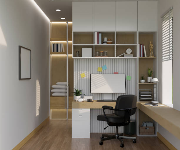 istock Modern minimal home working room with pc computer and built-in white shelves combination. 1396783638