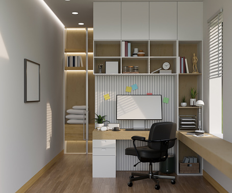 Modern minimal home working room with pc desktop computer mockup, accessories and office supplies on wooden L-shape table and built-in white shelves combination. 3d rendering, 3d illustration