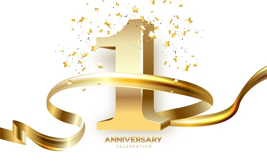 1th Anniversary celebration. Gold numbers with glitter gold confetti, serpentine. Festive background. Decoration for party event. One year jubilee celebration. Vector illustration.