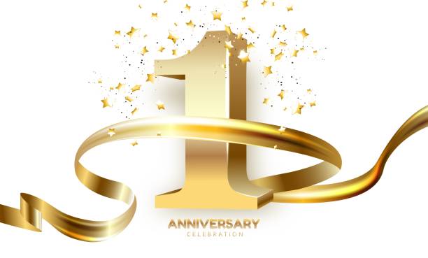 1th Anniversary celebration. Gold numbers with glitter gold confetti, serpentine. 1th Anniversary celebration. Gold numbers with glitter gold confetti, serpentine. Festive background. Decoration for party event. One year jubilee celebration. Vector illustration. number 1 stock illustrations