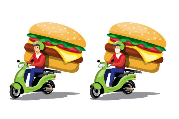 istock Big isolated Motorcycle vector colorful icons, flat illustrations of delivery by motorcycles through GPS tracking location. delivery bike, burger and food delivery, instant delivery, online delivery. 1396790204