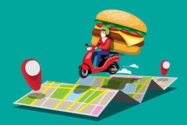 istock Big isolated Motorcycle vector colorful icons, flat illustrations of delivery by motorcycles through GPS tracking location. delivery bike, burger and food delivery, instant delivery, online delivery. 1396790210