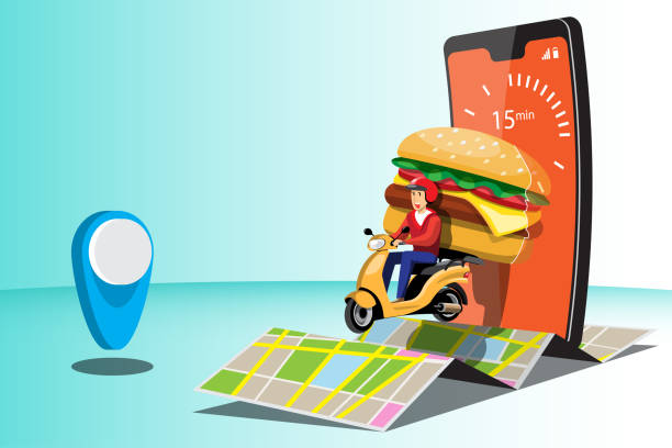 istock Big isolated Motorcycle vector colorful icons, flat illustrations of delivery by motorcycles through GPS tracking location. delivery bike, burger and food delivery, instant delivery, online delivery. 1396790247