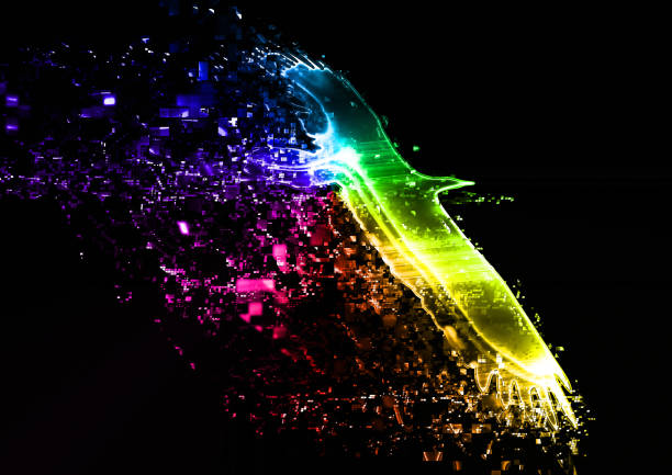 3D illustration of an abstract light bird flapping in the dark