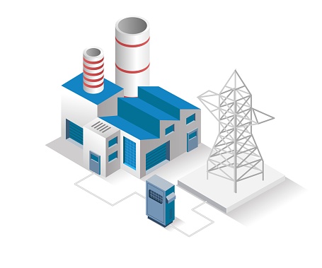 Flat isometric concept illustration. factory with electricity