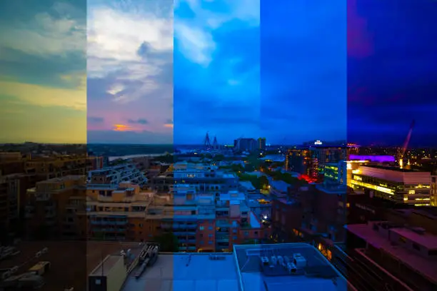 A sliced time lapse photography of panoramic bayarea in Sydney day to night. New South Wales Sydney / Australia - 01.28.2020