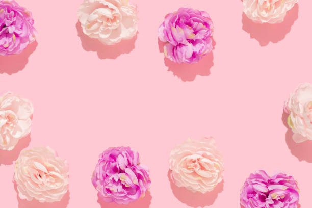 istock Spring romantic creative pattern with peony flower heads  on pastel pink background. 80s or 90s aesthetic fashion bloom concept. Minimal romantic bloom idea. 1396791841