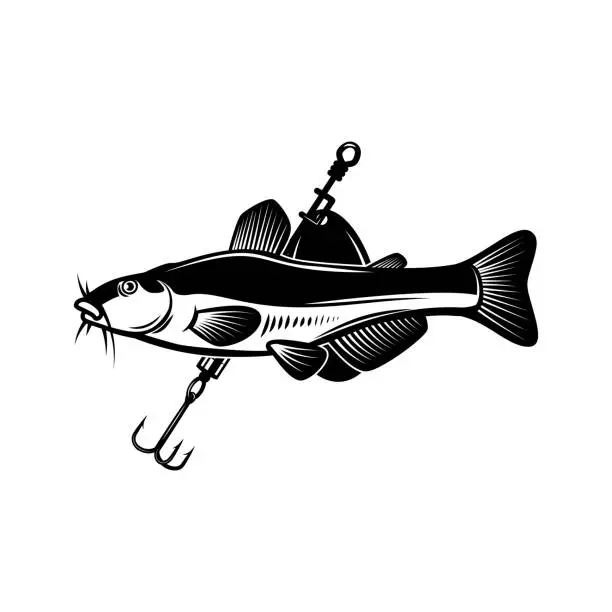 Vector illustration of Catfish and fishing hook. Design element for emblem, sign, badge. Vector illustration