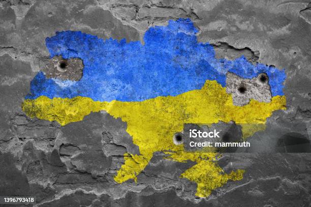 Ukrainian Colors On Damaged Wall Stock Photo - Download Image Now - Russian Invasion of Ukraine 2022 - 2023, Ukraine, War