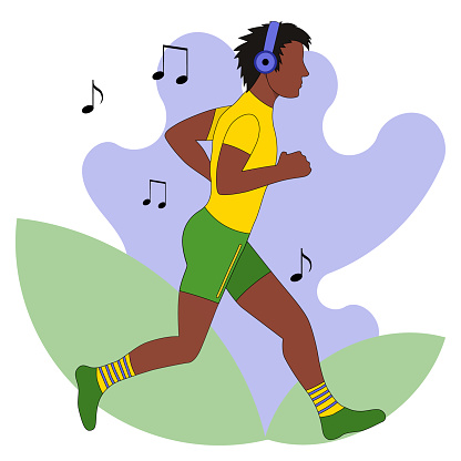 a dark-skinned man on the run listens to music with headphones. vector illustration on a white background.vector illustration