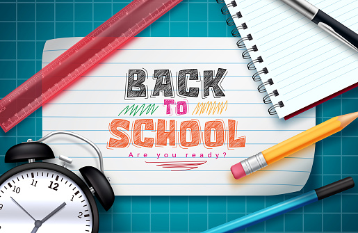 Back to school vector concept design. Back to school text in paper with educational elements of pencil, ruler and notebook for student learning study. Vector illustration.