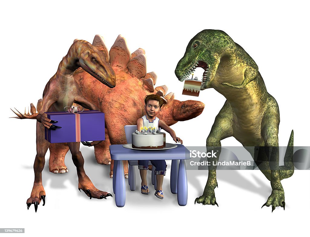 Dinosaur Birthday - with clipping path 3D render of a little boy with dinosaurs at his birthday party. Ancient Stock Photo