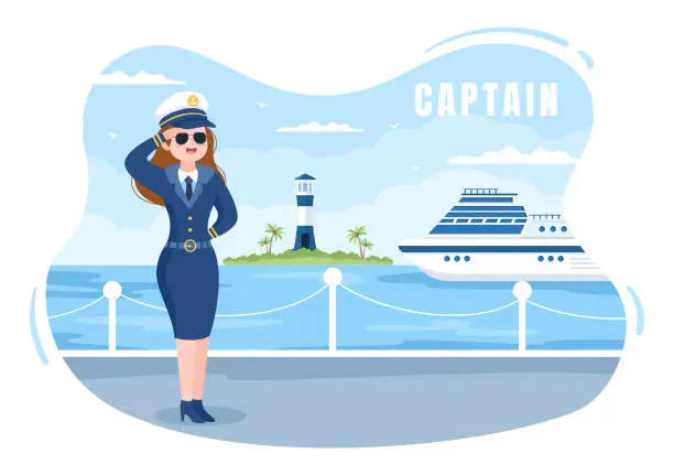 Vector illustration of Woman Cruise Ship Captain Cartoon Illustration in Sailor Uniform Riding a Ships, Looking with Binoculars or Standing on the Harbor in Flat Design